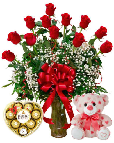 Dozen red roses with free chocolates and teddy bear